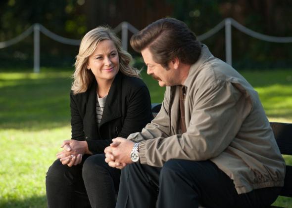 Amy Poehler as Leslie Knope and Nick Offerman as Ron Swanson in Parks and Recreation