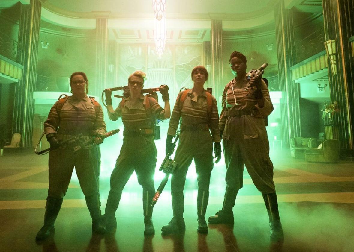 Leslie Jones, Melissa McCarthy, Kate McKinnon, and Kristen Wiig star in Ghostbusters.