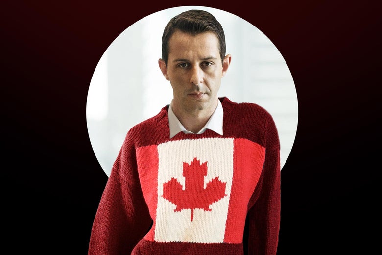 Kendall Roy from Succession in a red Canadian flag sweater