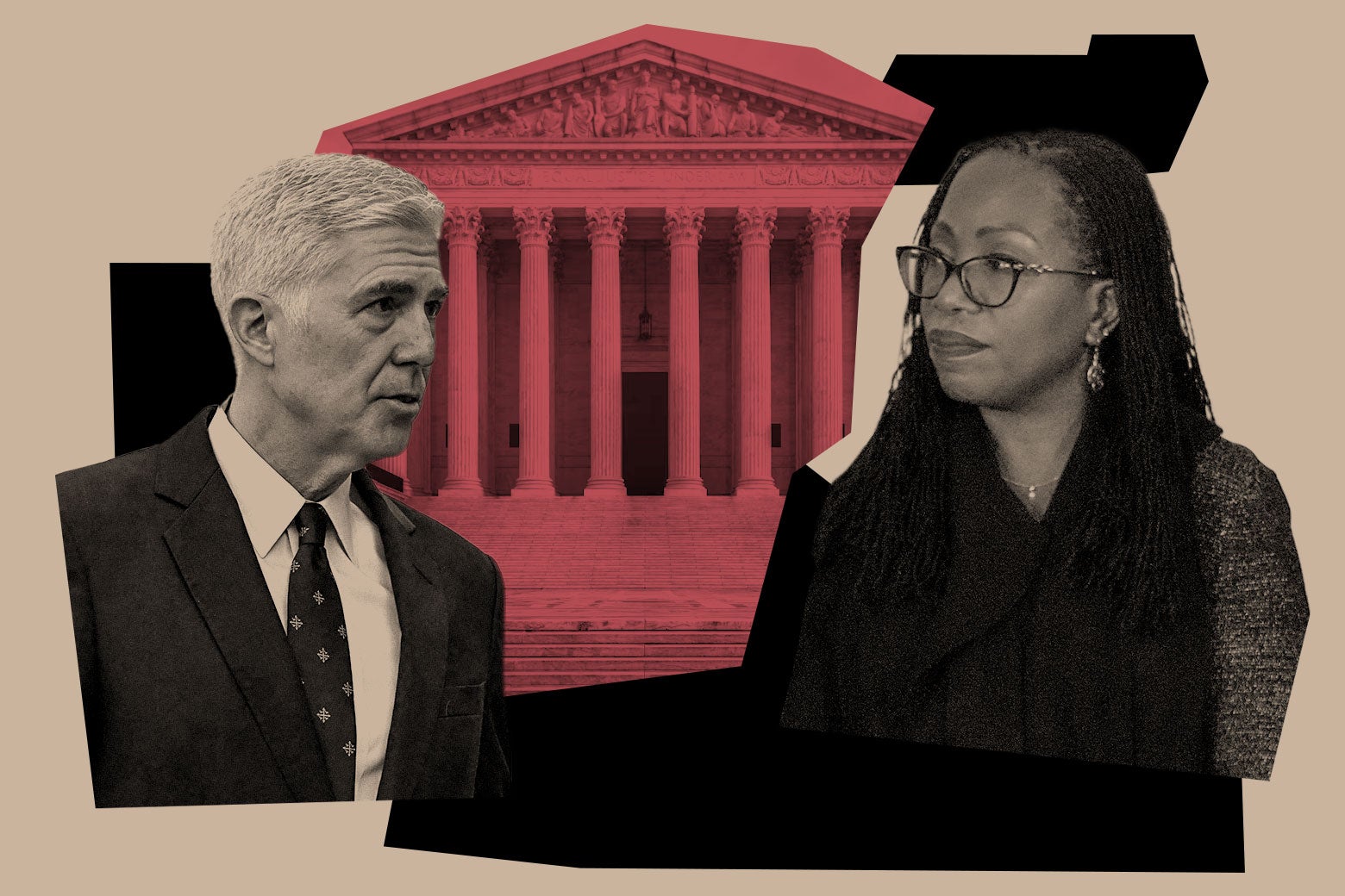 Neil Gorsuch on one side, the Supreme Court columns in the middle, Ketanji Brown Jackson on the other side.