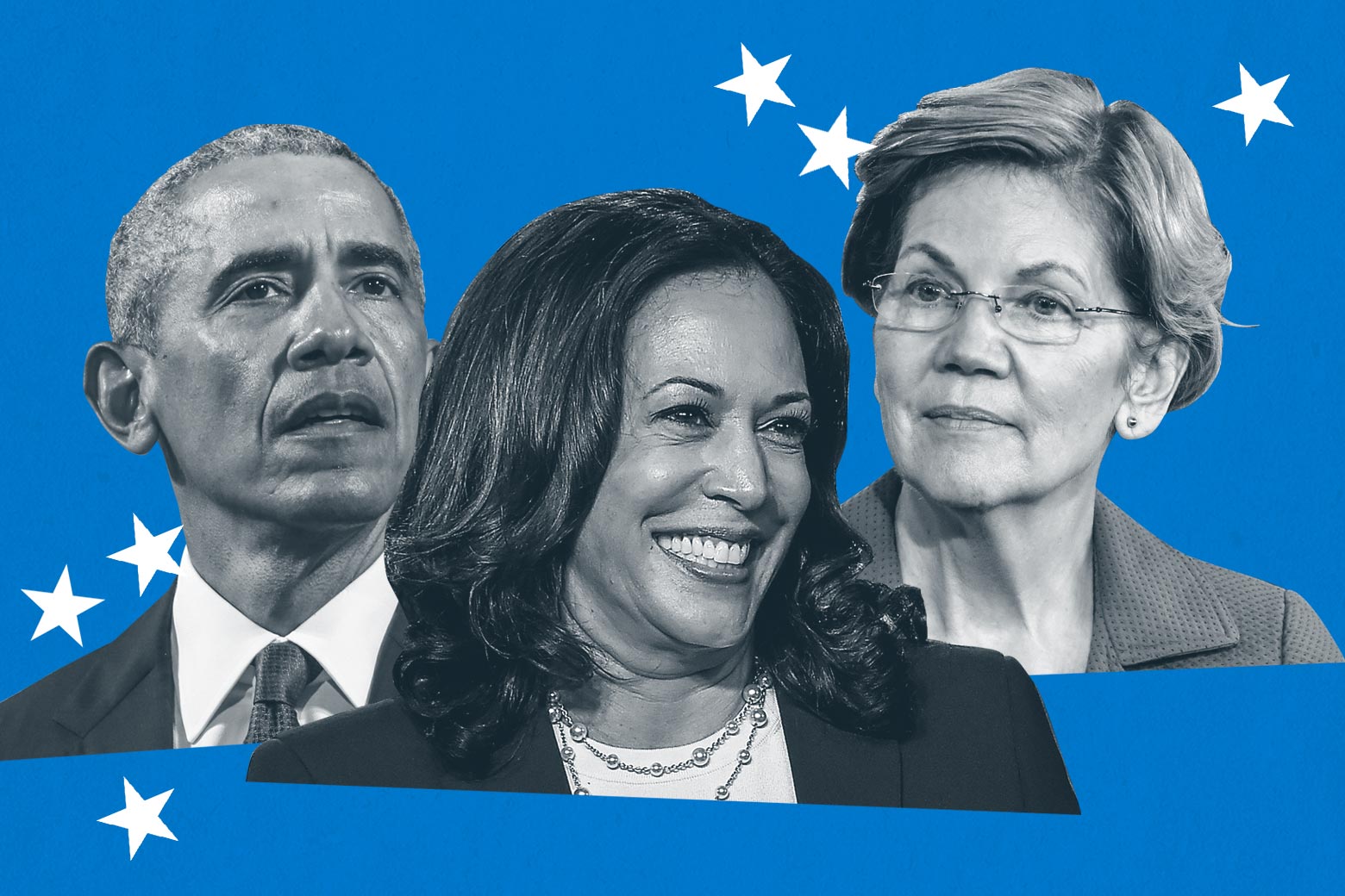 Collage of Barack Obama, Kamala Harris, Elizabeth Warren