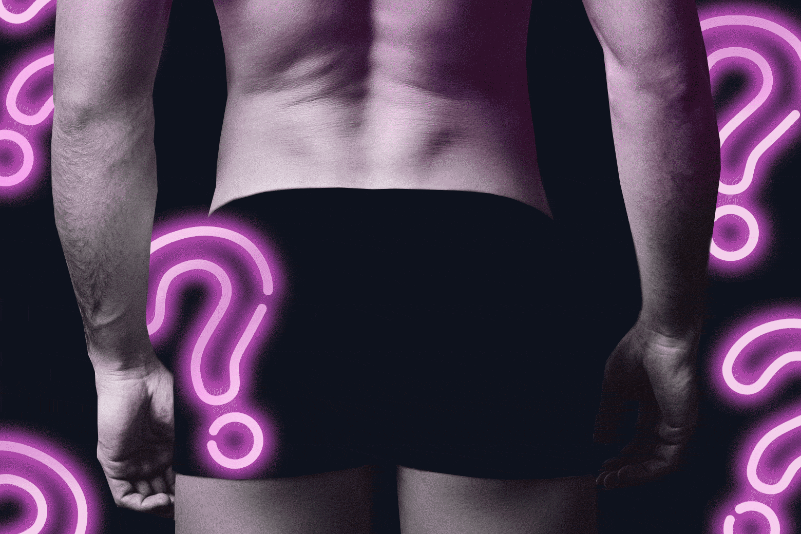A man in boxer briefs facing away from the camera. Neon question marks surround him.