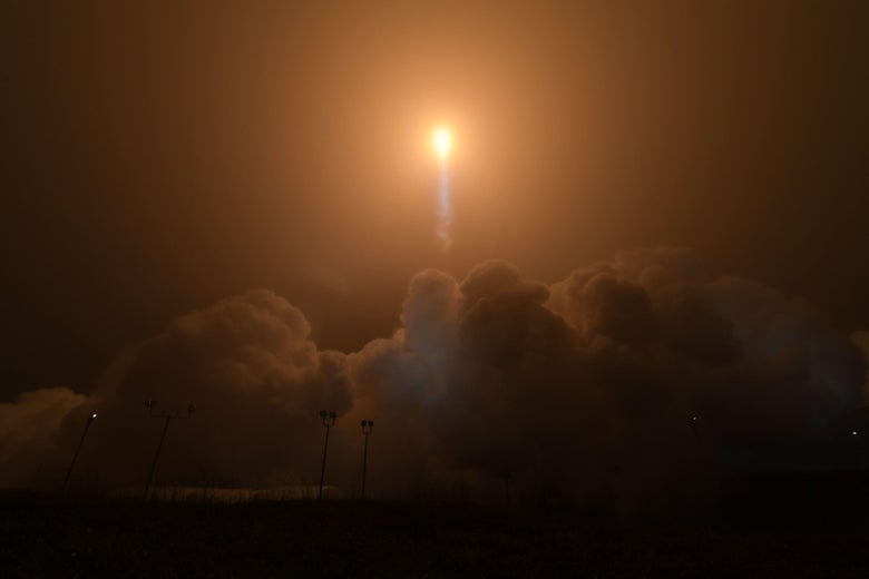 The rocket carrying the NASA InSight craft launching from Earth