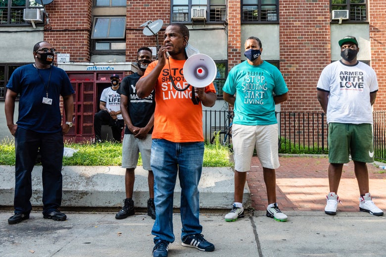 In response to the death of Jahiem Guinn, members of a violence prevention program hold a shooting response at in Brooklyn, New York on July 28, 2020.