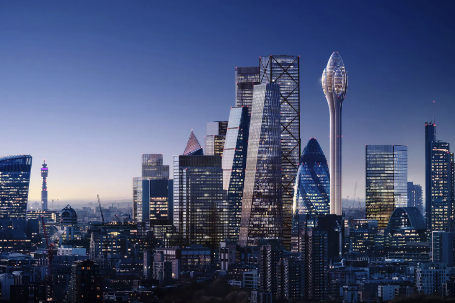 Rendering of a skyscraper shaped like a tulip in the London skyline at night