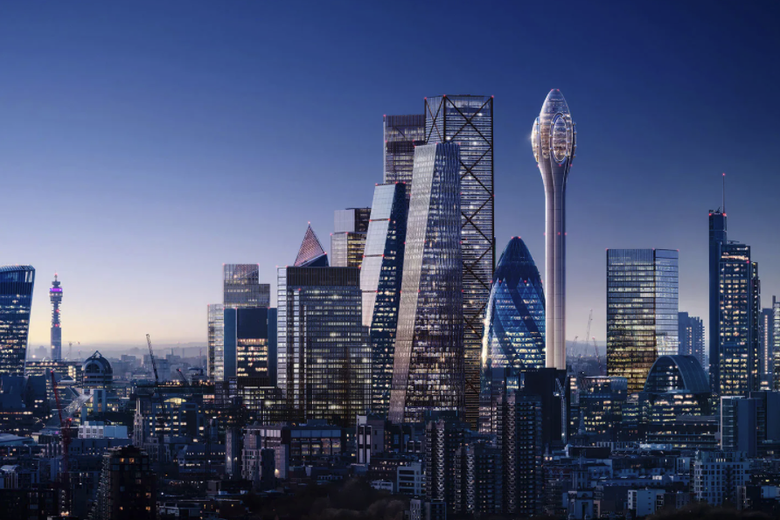 Rendering of a skyscraper shaped like a tulip in the London skyline at night