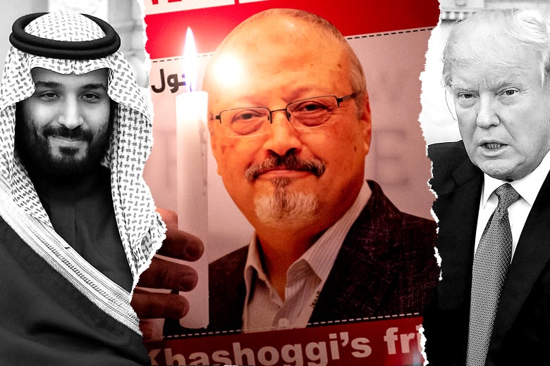 Photo illustration of MBS and Donald Trump with a ripped photo flourish. In the center is a photo of Jamal Khashoggi.