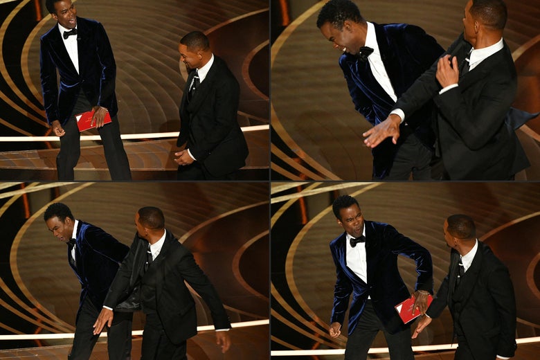 A sequence of four photos in a grid showing Will Smith approach Chris Rock onstage and slap him, his open hand coming down, and Rock reacting in shock