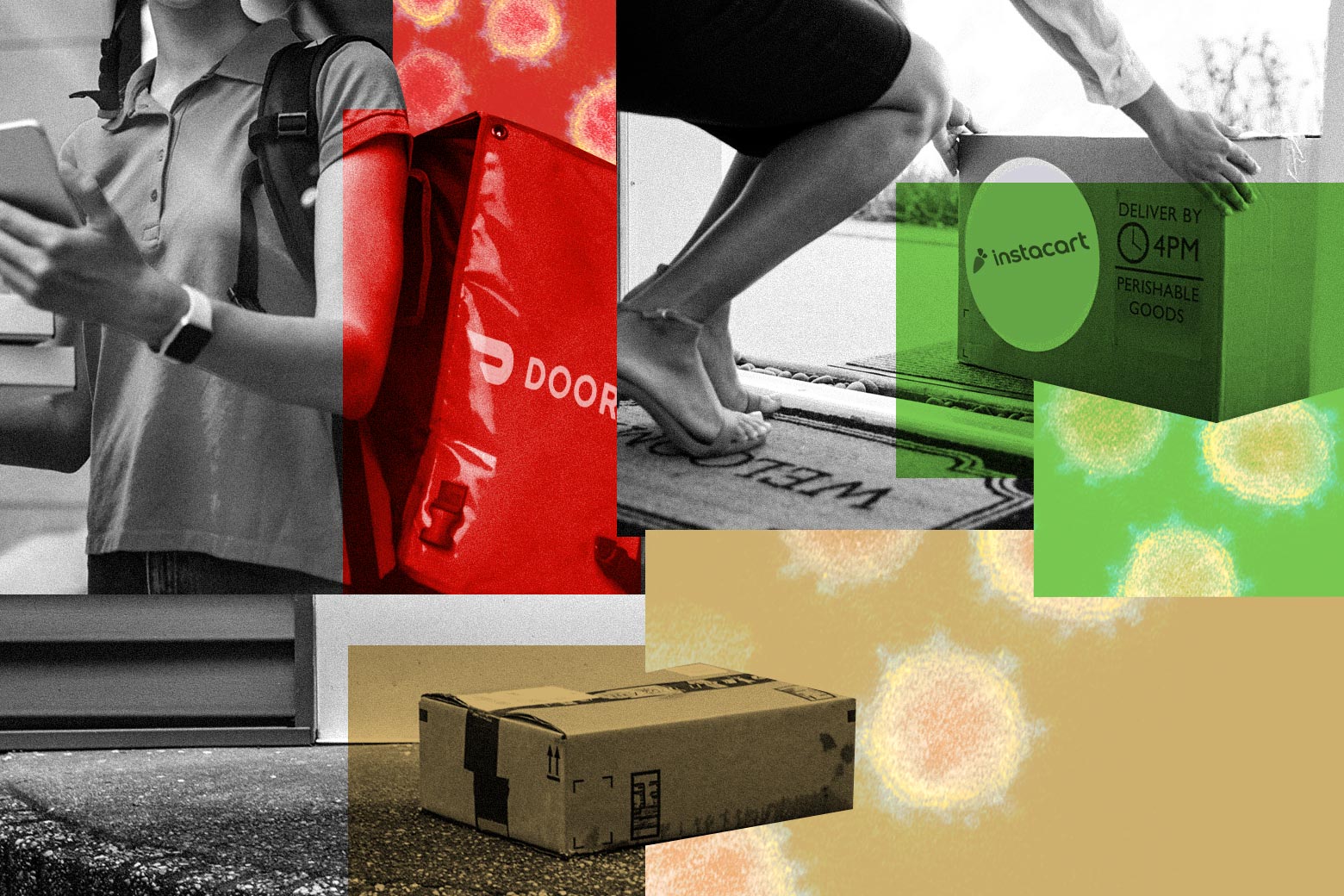 A collage of photos of a DoorDash delivery worker wearing a package and looking at their phone, a person picking up an Instacart package from their front porch, an Amazon package placed on a rug, and some virus cells.
