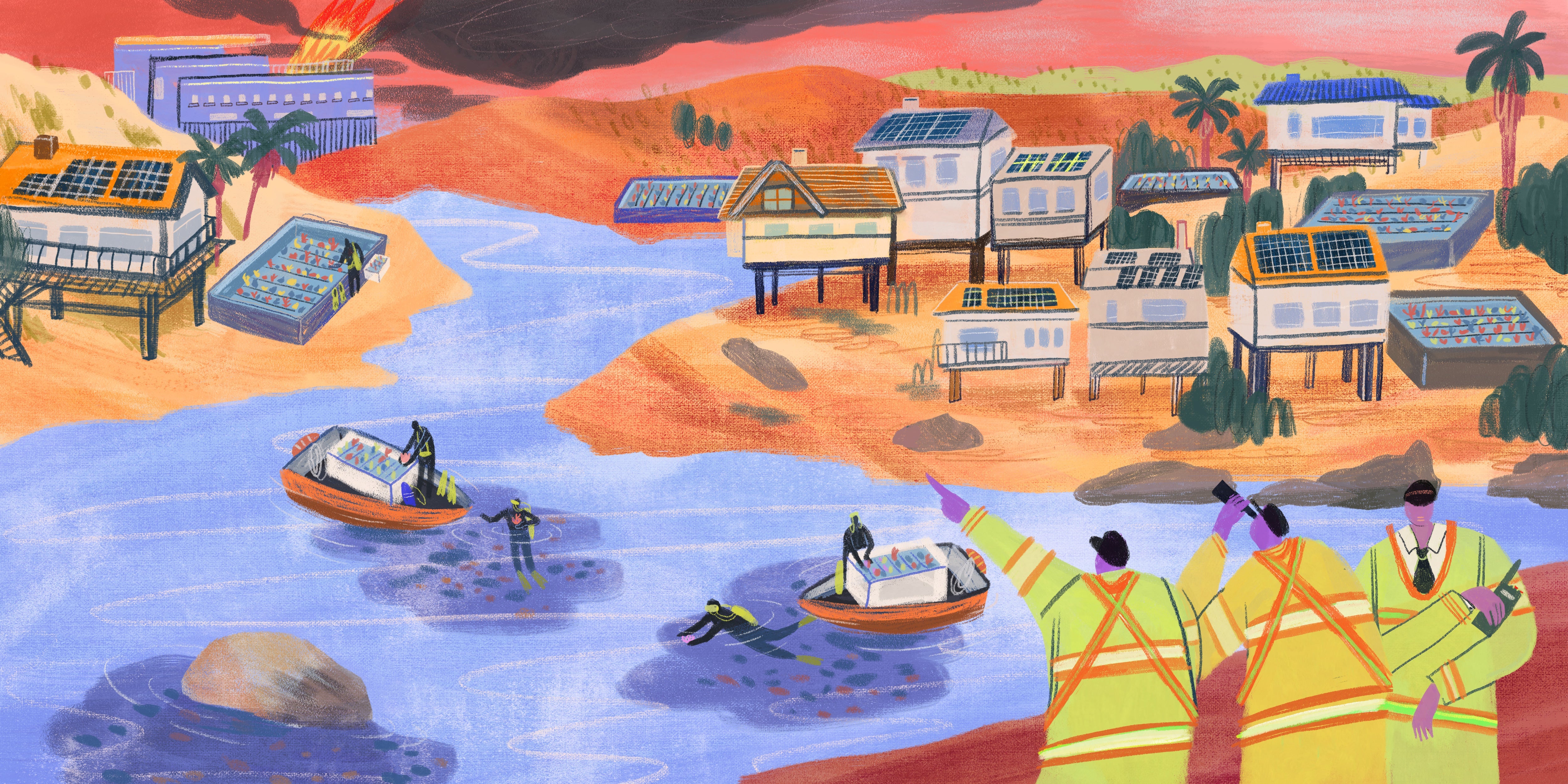 While a tropical town floods, prospectors try to scope the situation and people float atop in the water in boats.