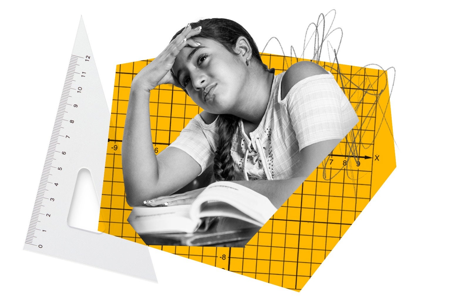 A teen girl puzzles over her homework.