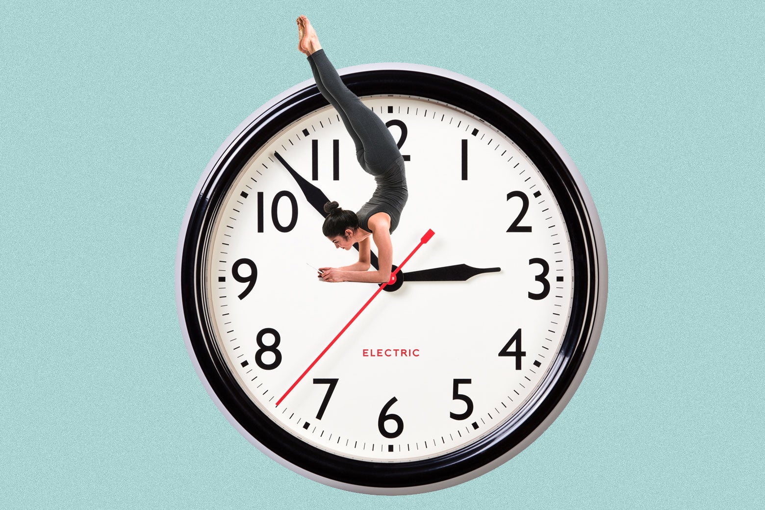 A woman is seen exercising, placed within a wall clock.