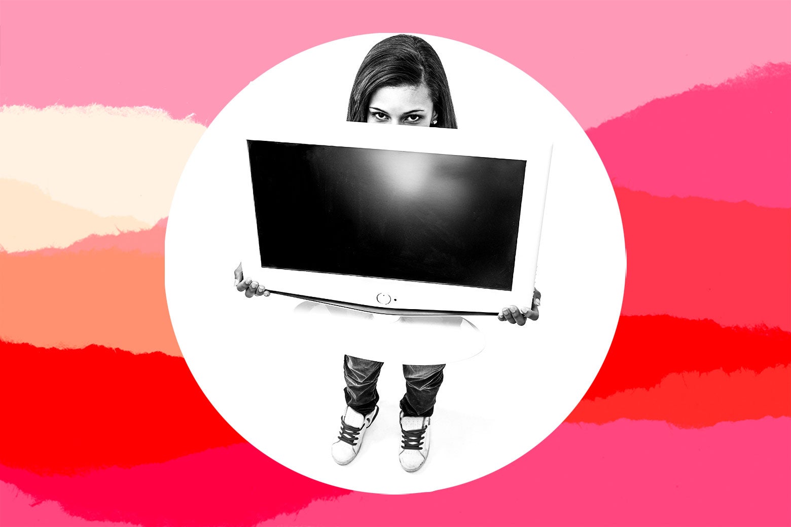 Woman holding up a television screen in front of her face.