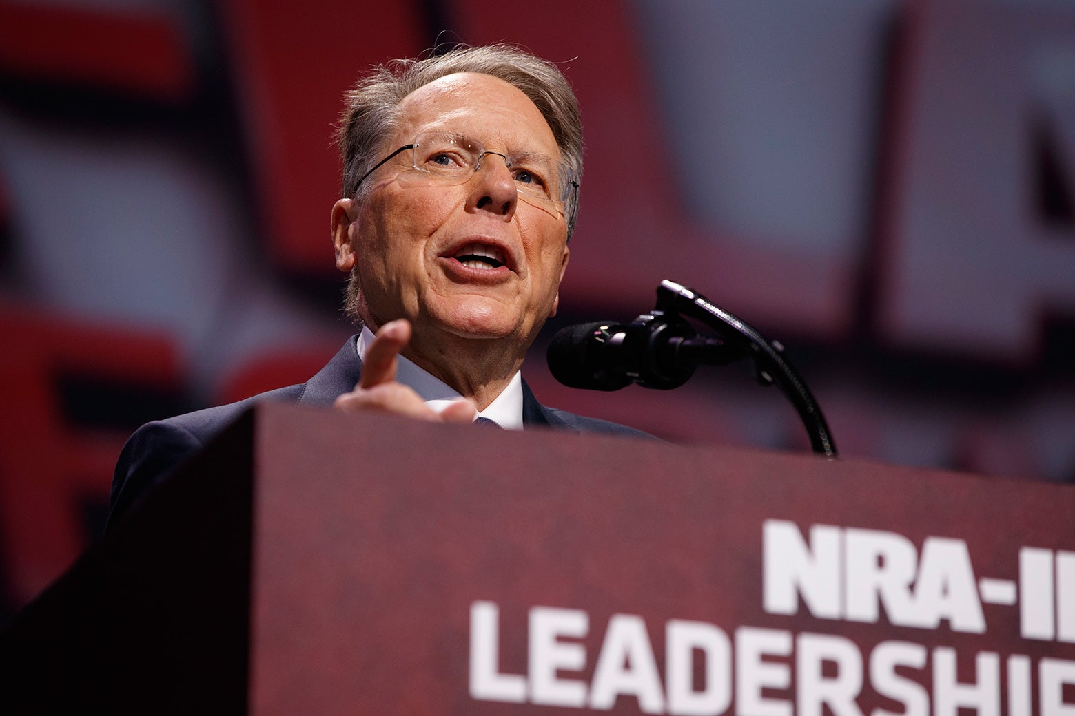 The NRA’s Wayne LaPierre speaks at a conference on April 28 in Atlanta.