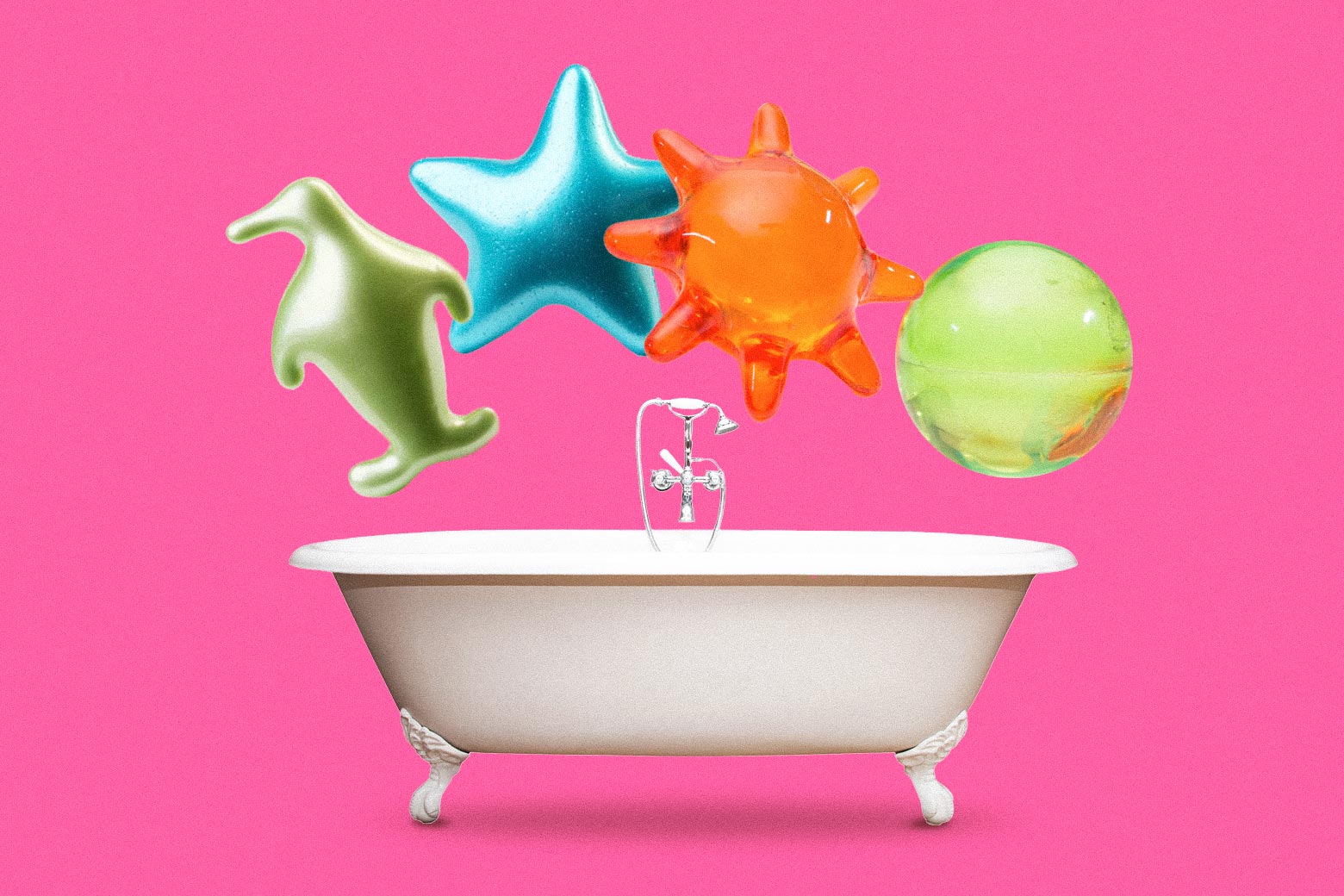 Different colors and shapes of bath beads float above a tub on a pink background. 
