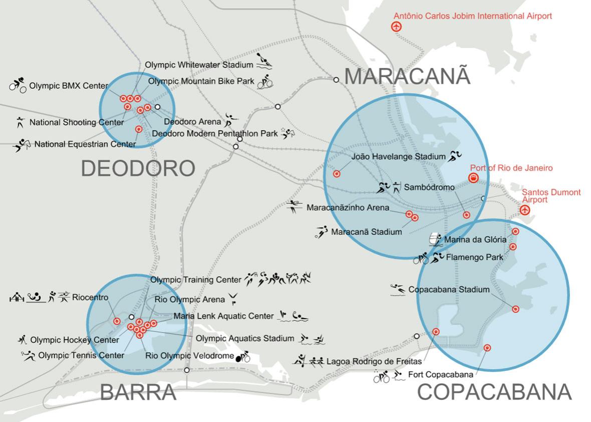 Map of Rio de Janeiro showing the competition venues planned for the 2016 Summer Olympics.