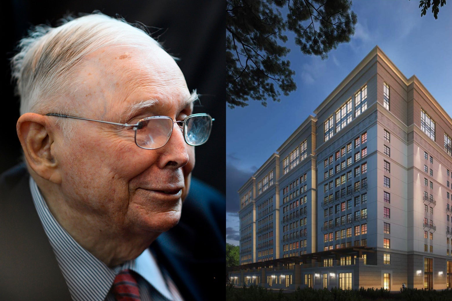 Photo of Charlie Munger next to a rendering of a hulking boxy dorm taking up a city block