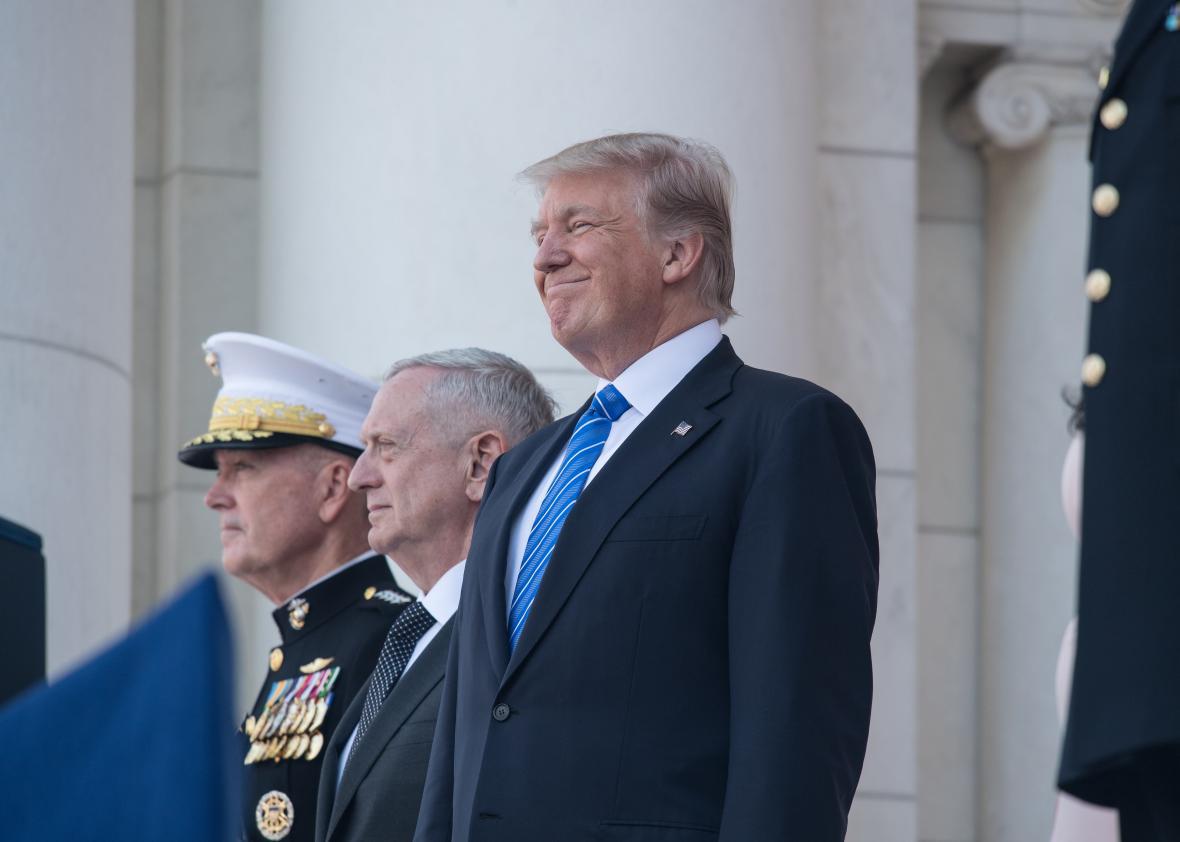 US President Donald Trump greets members of the US military 