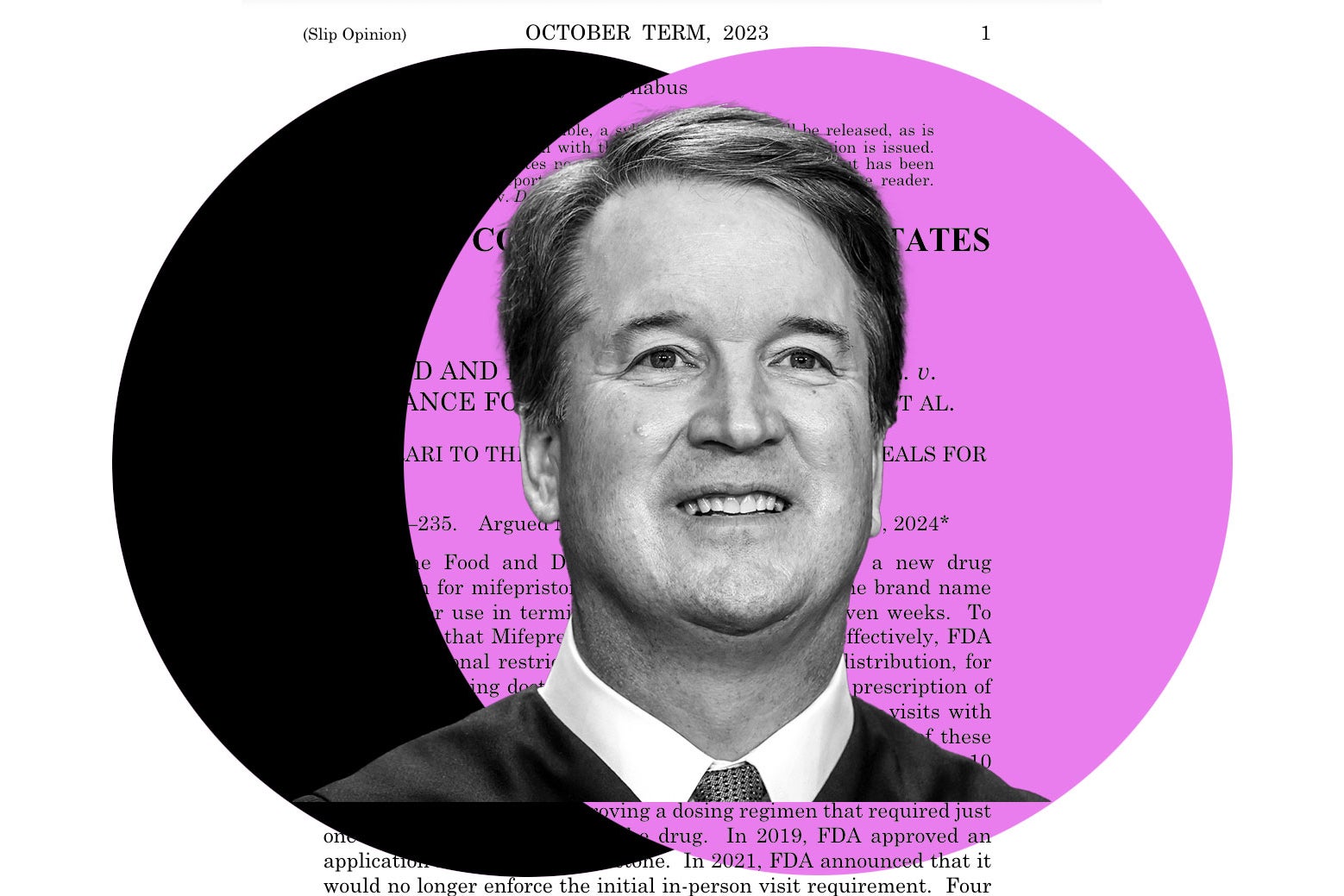 Justice Brett Kavanaugh, with text of a Supreme Court decision behind him.