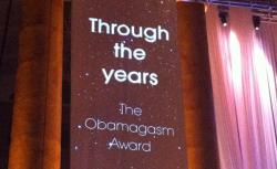 A banner introduces one of the awards at the Media Research Center's gala dinner.