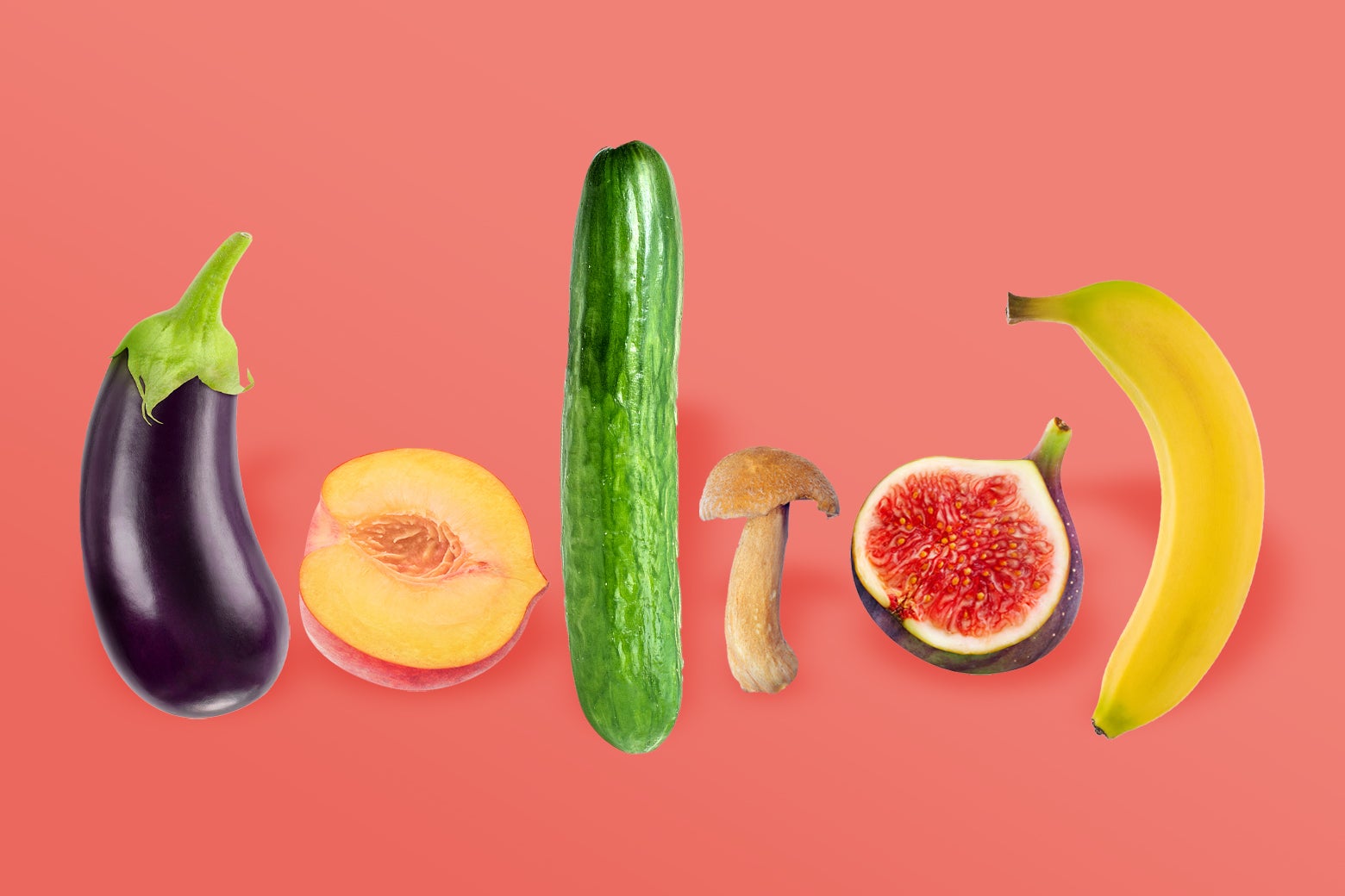 A number of phallic fruits and vegetables like eggplant, mushroom, cucumber, fig, banana, peach.