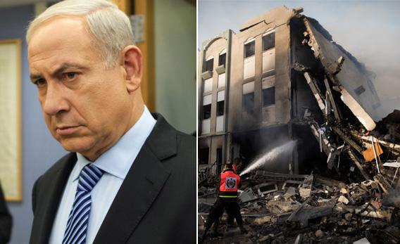 Israeli Prime Minister Benjamin Netanyahu and damage in Gaza city following an Israeli air raid.