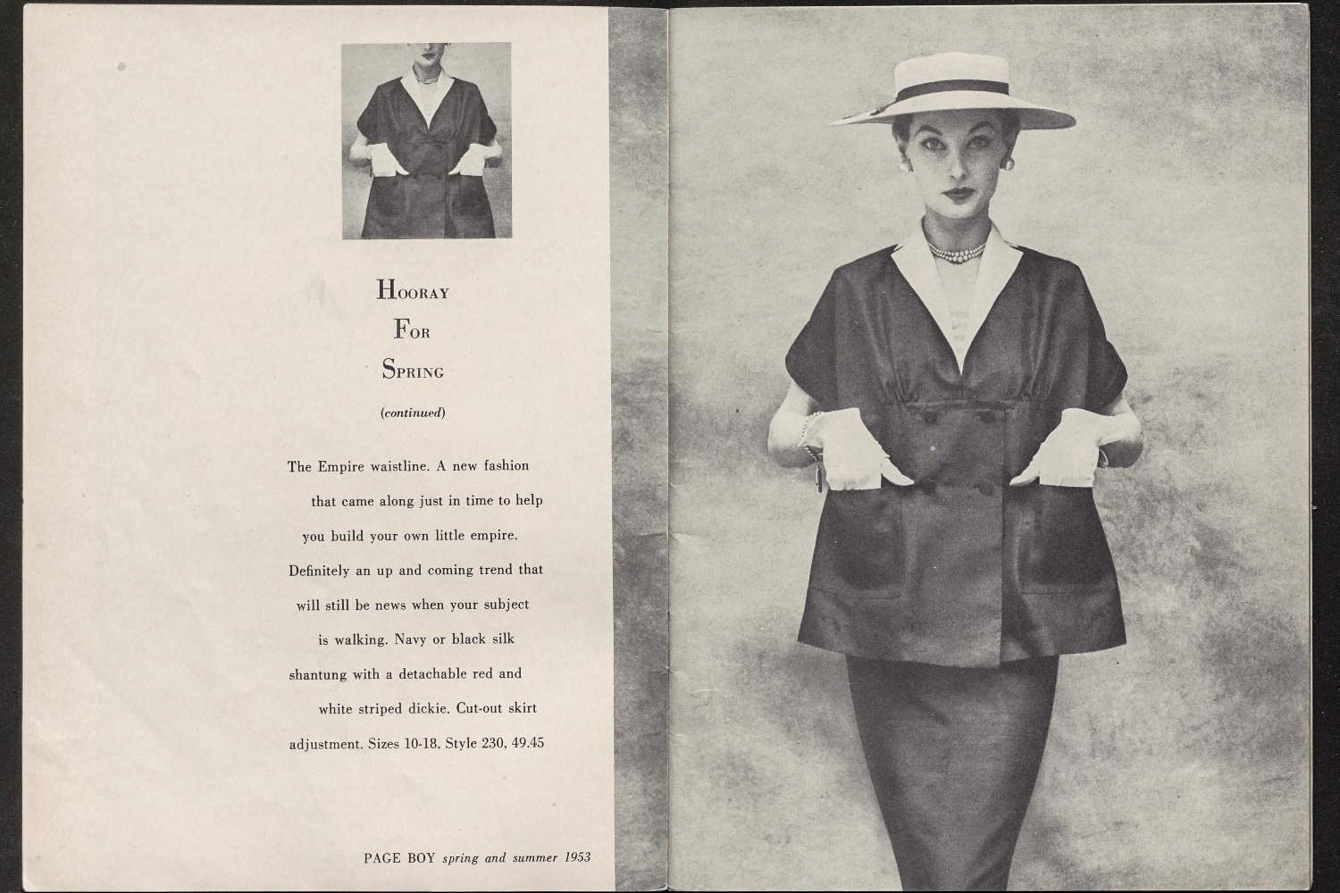 "Hooray for Spring" reads copy on the left page. On the right page is a woman in a smart skirt suit with a tented top.