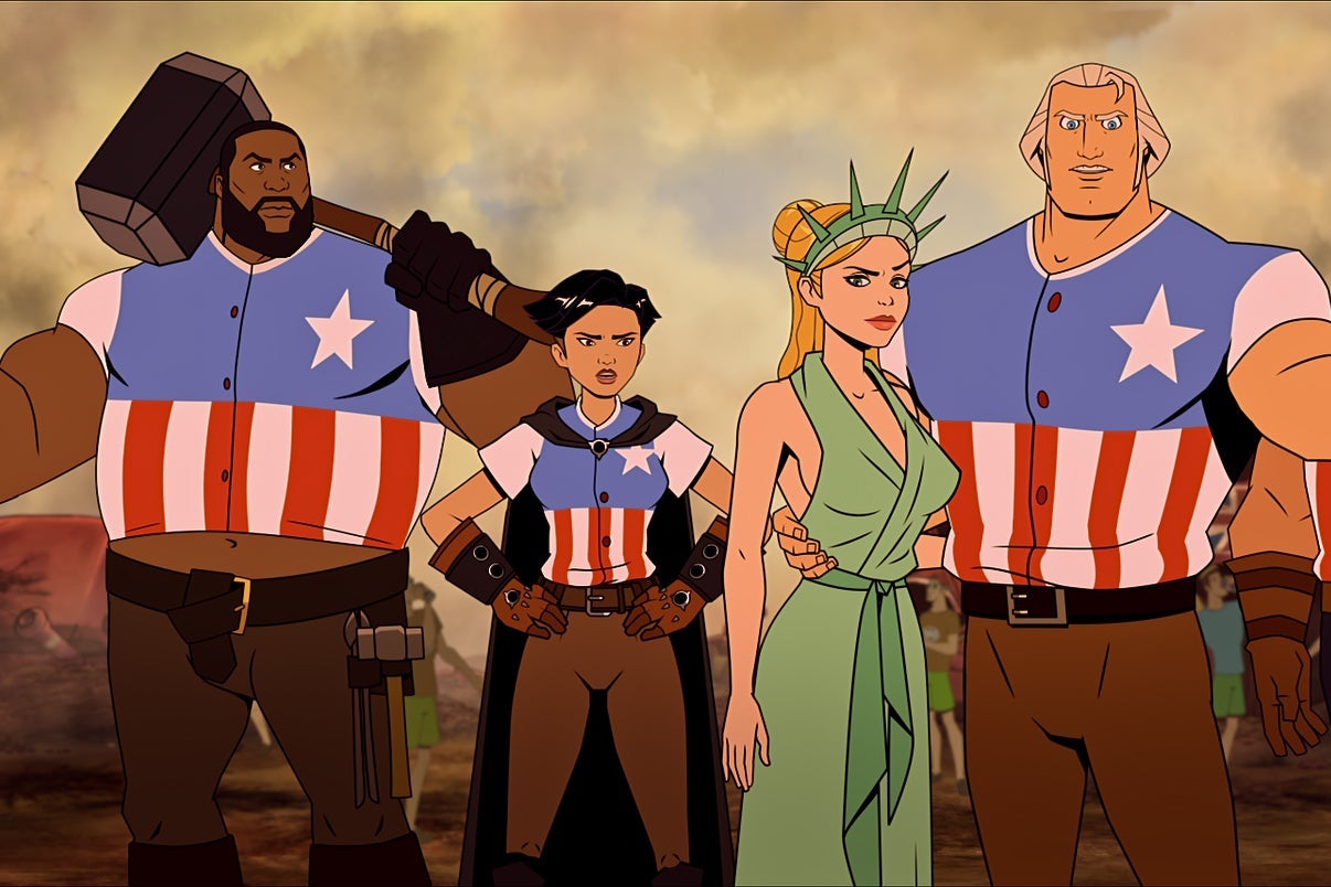 In the cartoon, George Washington is a burly man wearing an American flag shirt and brown pants and Martha is dressed as the Statue of Liberty. Sam Adams and a female Thomas Edison wear the same American flag shirt and brown pants as George does.