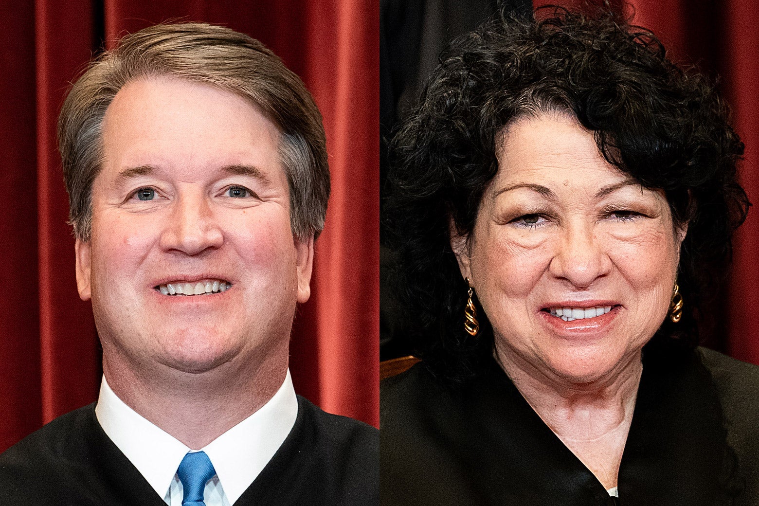 Side by side photos of Brett Kavanaugh and Sonia Sotomayor smiling in their robes in front of a red curtain