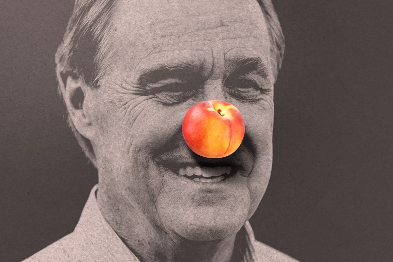 A close-up photo of David Perdue, who ran against Brian Kemp in Georgia's gubernatorial primary, with a peach super-imposed on his nose to look like a clown nose.