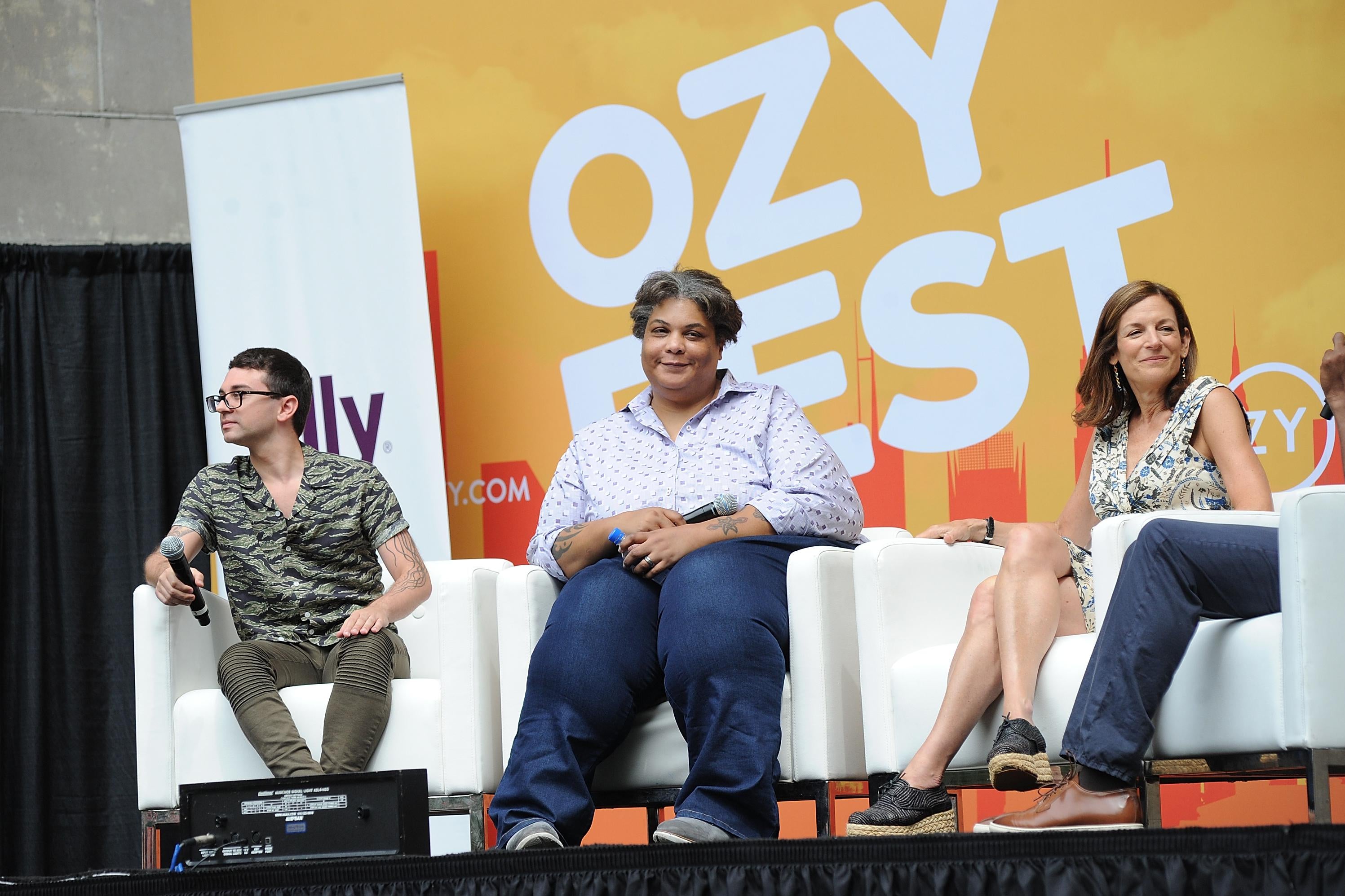 Roxane Gay sits onstage with Christian Siriano.