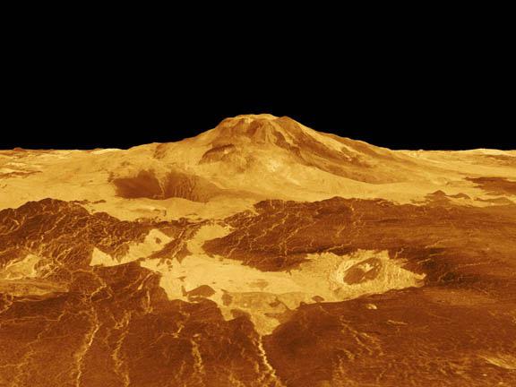 The volcano Maat Mons is displayed in this computer generated three-dimensional perspective of the surface of Venus. 