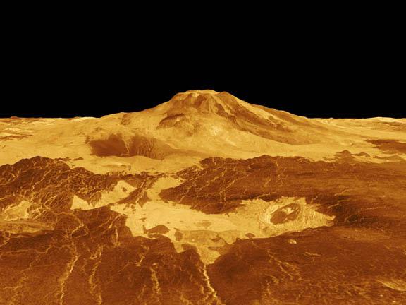 The volcano Maat Mons is displayed in this computer generated three-dimensional perspective of the surface of Venus.