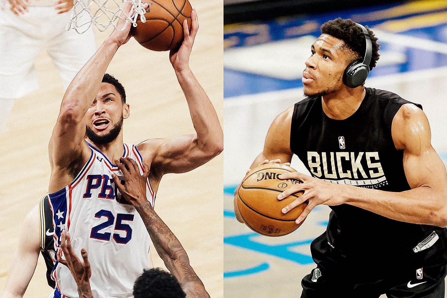 Left, Ben Simmons grimaces while driving. Right, Giannis Antetokounmpo practices free throws with headphones on.