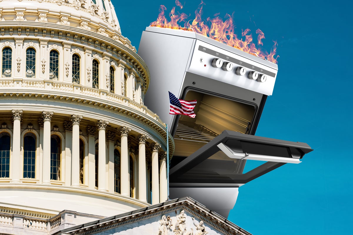 A collage of the U.S. Capitol and a flaming gas stove.