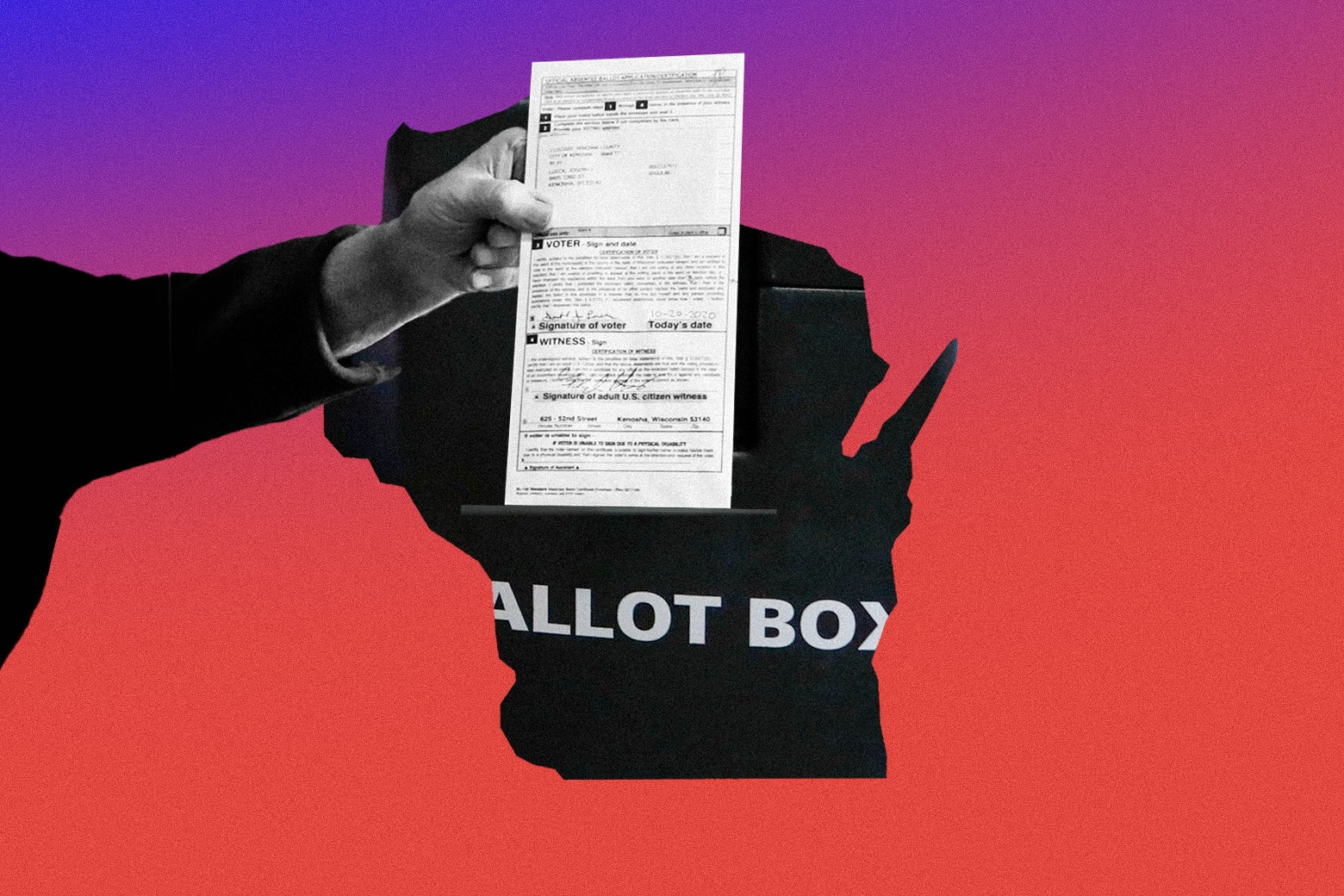 An image of a hand putting a ballot in a box, with an outline of the state of Wisconsin behind it.