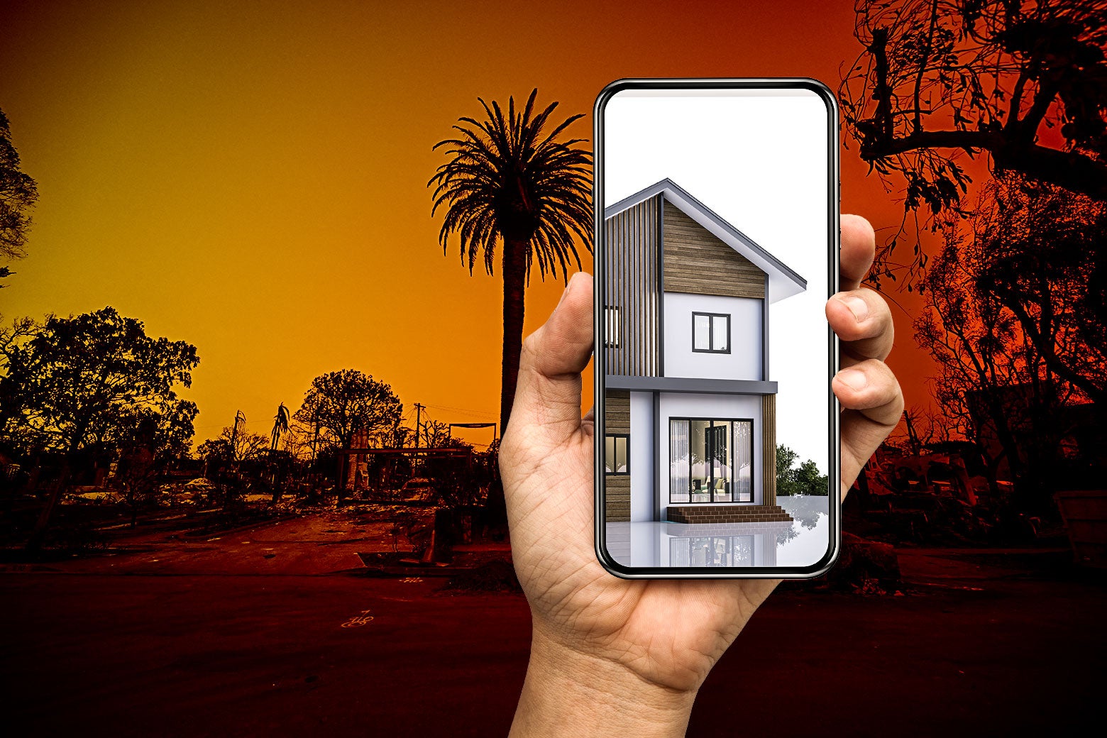 A person holds up their phone, which contains a blueprint and image of a home, in front of a scorched landscape ravaged by wildfires, where the home once stood.