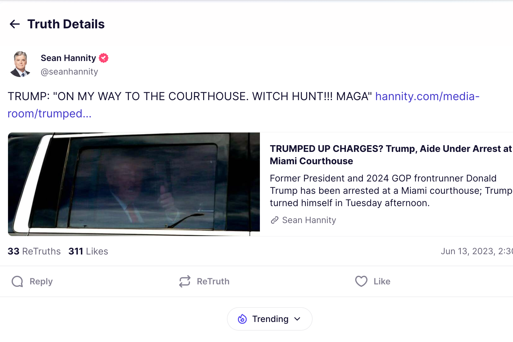 A Sean Hannity post in which he rewrites Trump's courthouse/witch hunt Truth