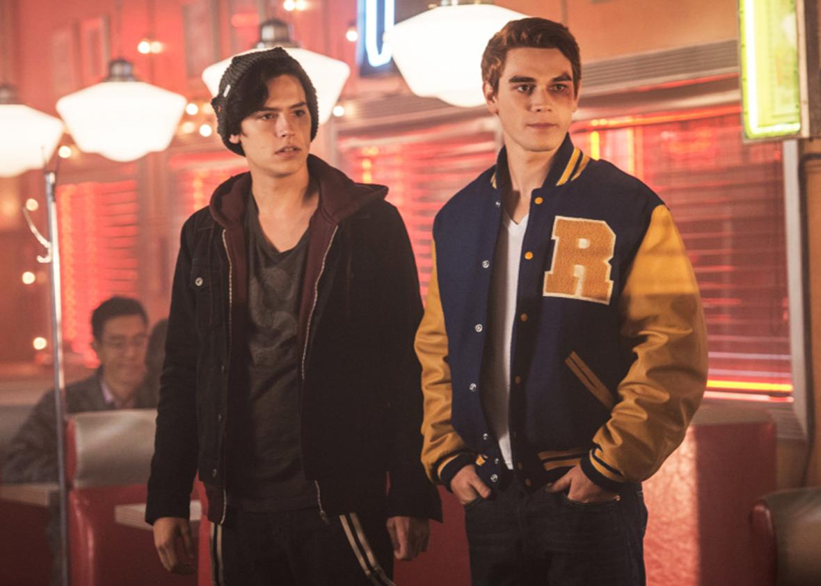 Cole Sprouse as Jughead Jones and K.J. Apa as Archie Andrews in Riverdale. 