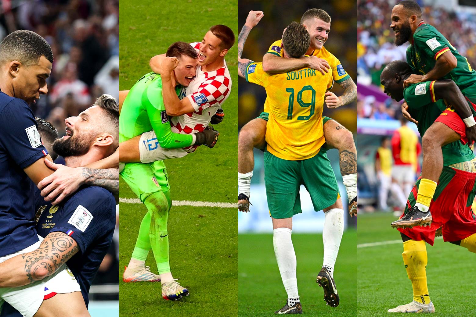 A collage of 4 photos, from L-R: Olivier Giroud lifts Kylian Mbappé in a hug, with his arms wrapped around Mbappé's upper thighs. Mario Pašalić leaps into the arms of Dominik Livaković. Riley McGree gives a leaping hug to Harry Souttar, with his arm wrapped around Souttar's shoulders and his legs bracketing Souttar's torso. Bryan Mbeumo jumps on on Vincent Aboubakar, piggyback style.