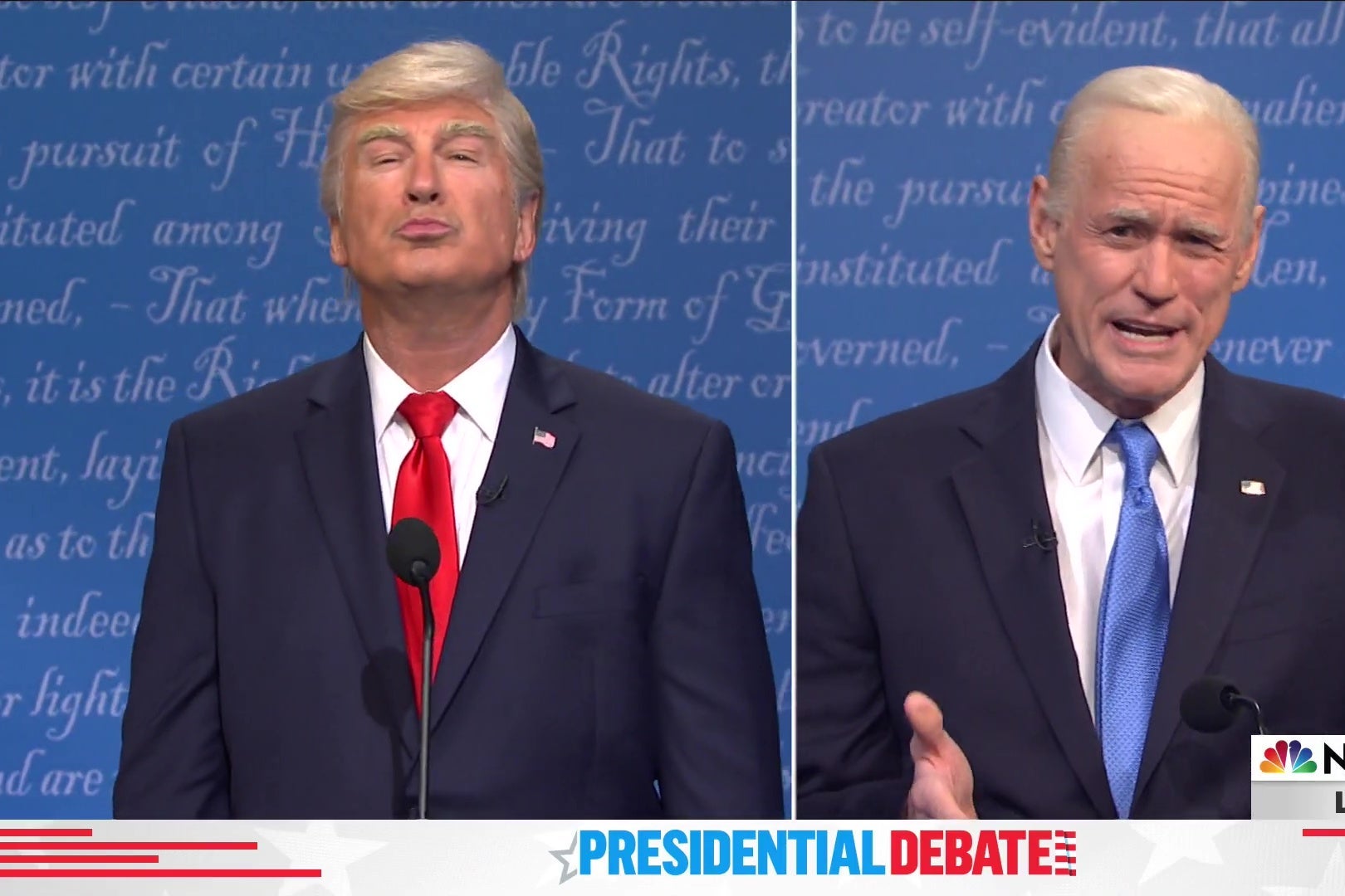 Alec Baldwin as Donald Trump and Jim Carrey as Joe Biden, debating in a splitscreen image from Saturday Night Live.
