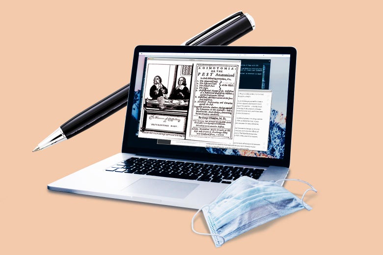 A laptop screen with a face mask next to it shows historical documents on its screen. Behind the laptop is a ben.