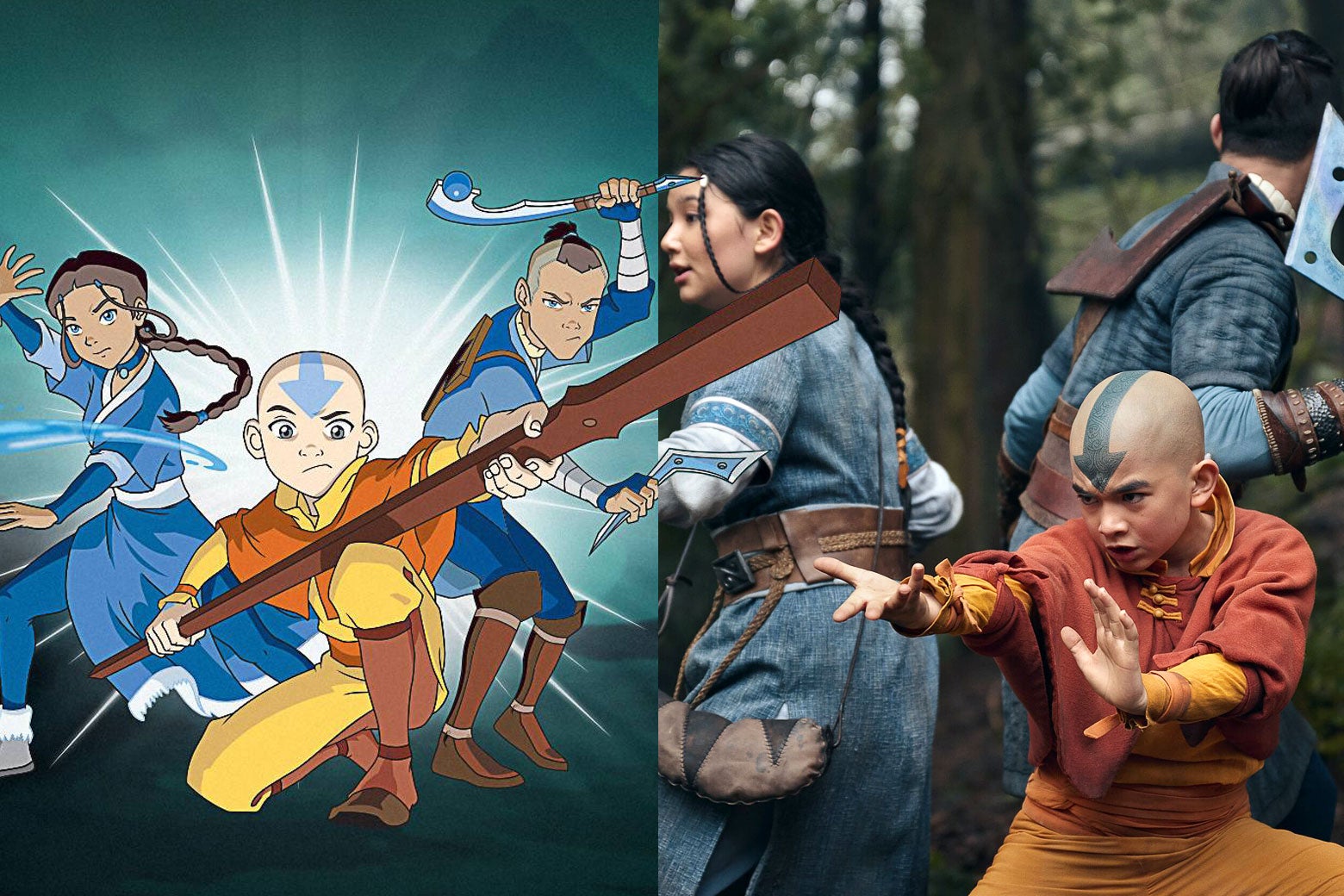Left: Cartoon version of Katara, Aang, and Sokka in a fighting stance. Right: Live-action version of Katara, Aang, and Sokka in a fighting stance.