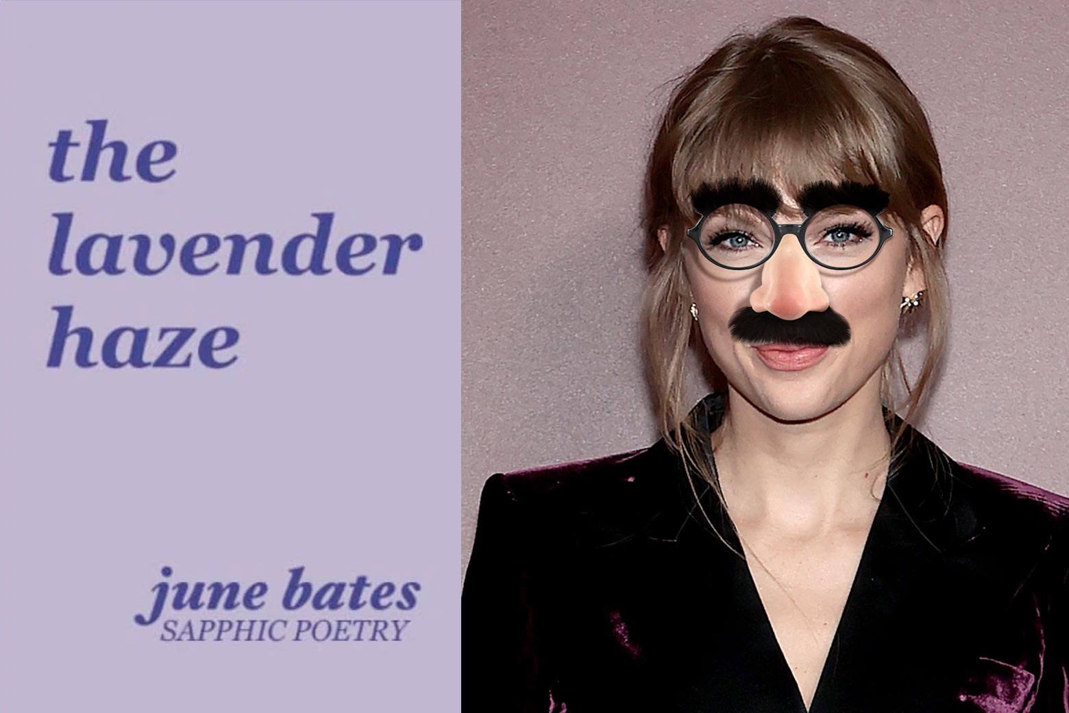 A plain cover of a book called "the lavender haze," and a picture of Taylor Swift wearing a clever disguise.