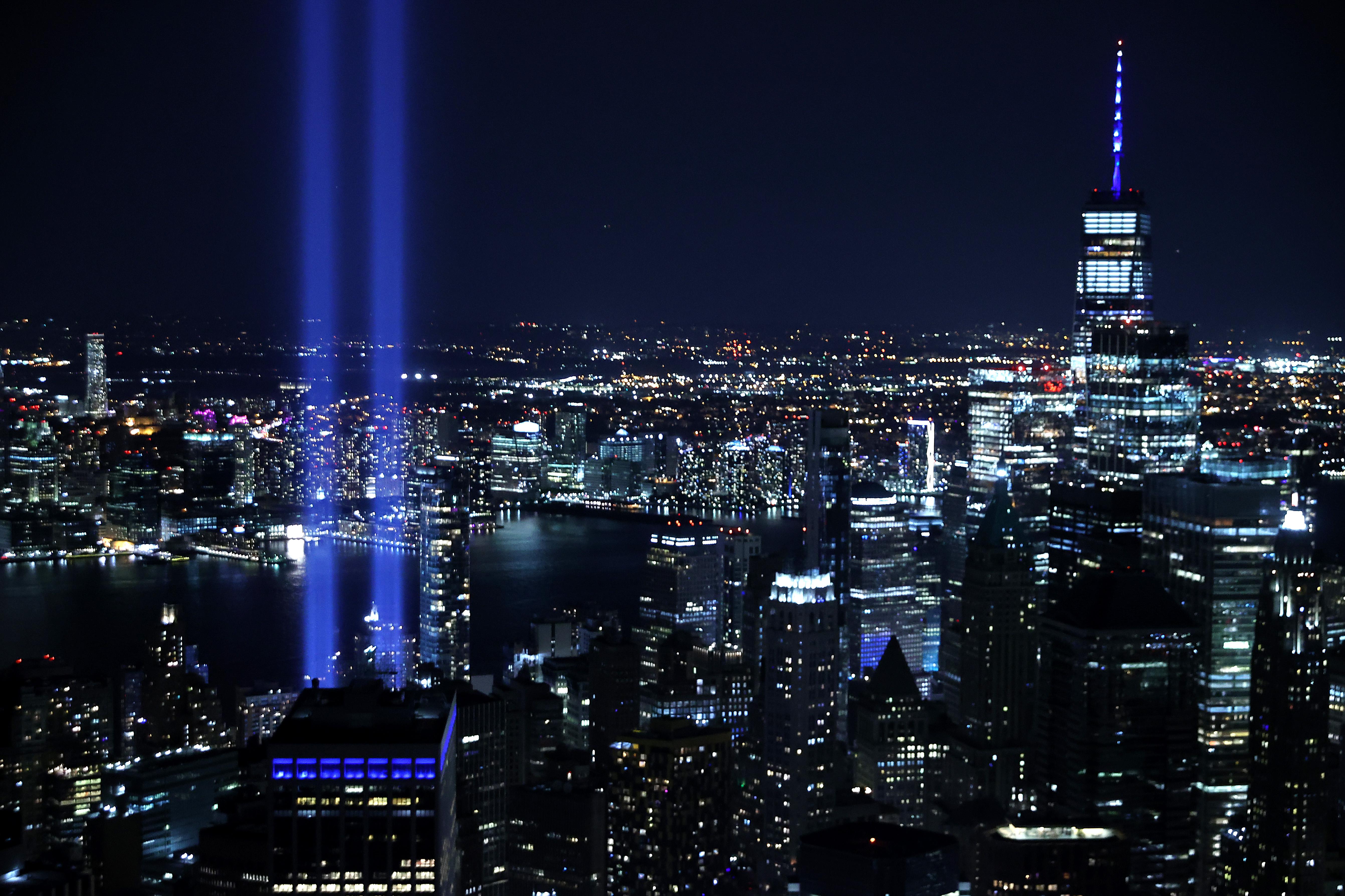 The Tribute In Light shines up from Lower Manhattan on the 20th anniversary of the 9/11 terror attacks on September 11, 2021 in New York City. 