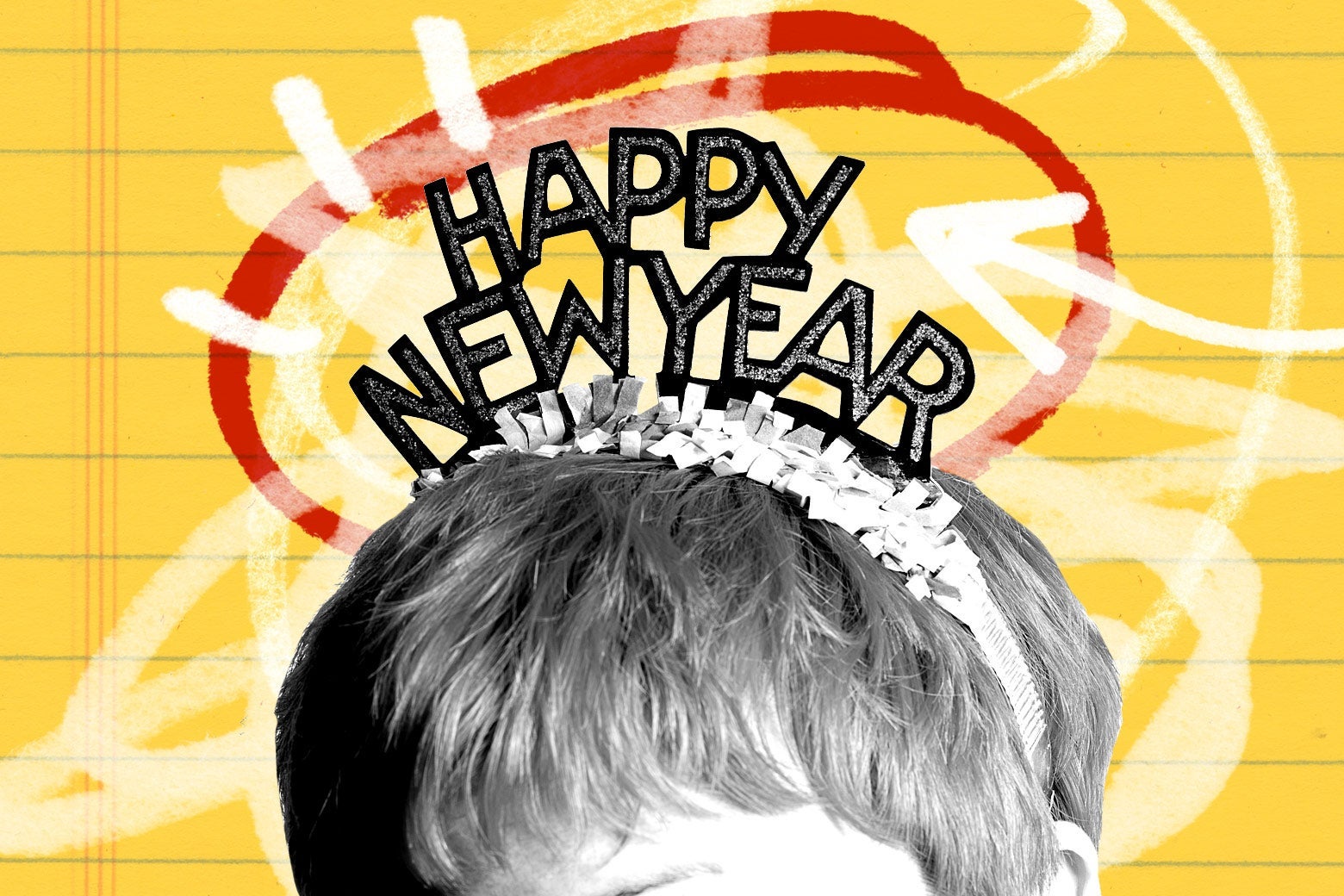 Photo illustration of a person wearing a "Happy New Year" hat.