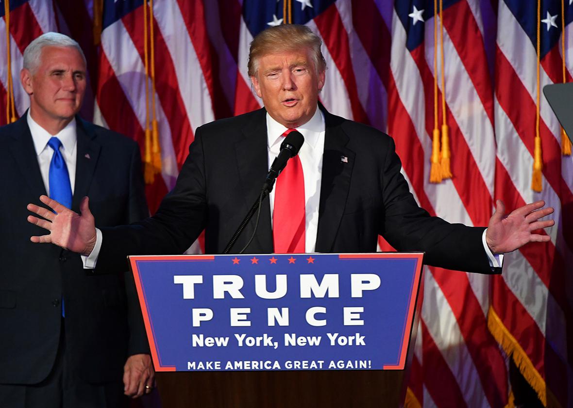 President-elect Donald Trump, with his family, addresses supporters at an election night event at the New York Hilton Midtown November 8, 2016 in New York City, New York.