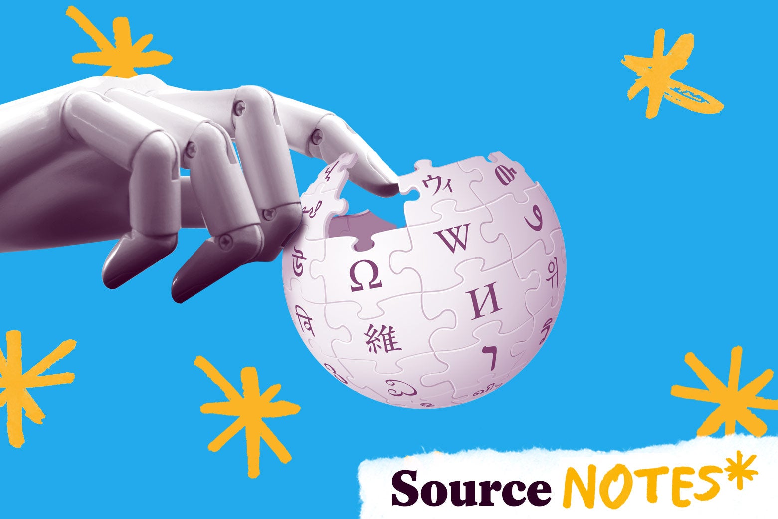 Robot hand touching the Wikipedia logo.