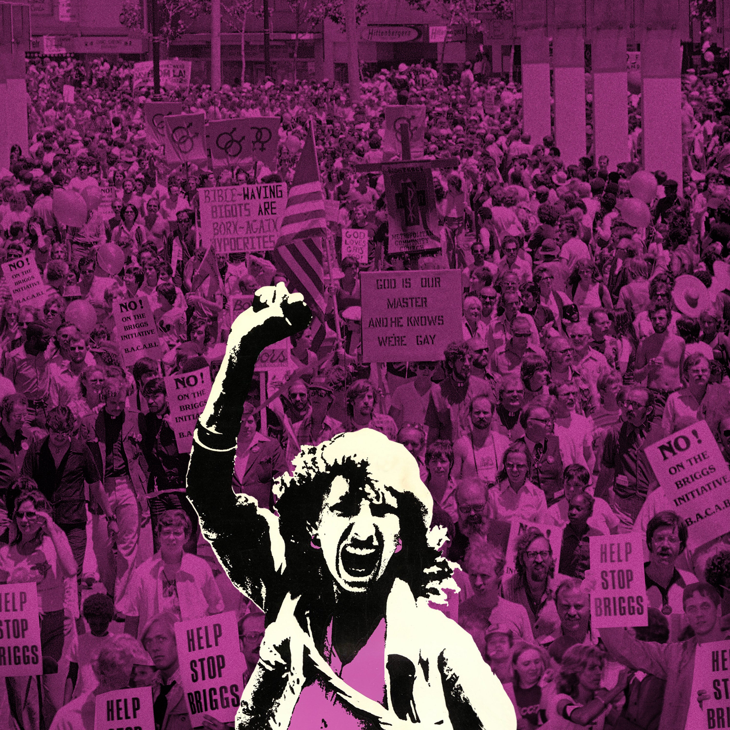 Black-and-white image, with a purple hue, of a 1970s crowd holding signs and protesting against the Briggs Initiative.