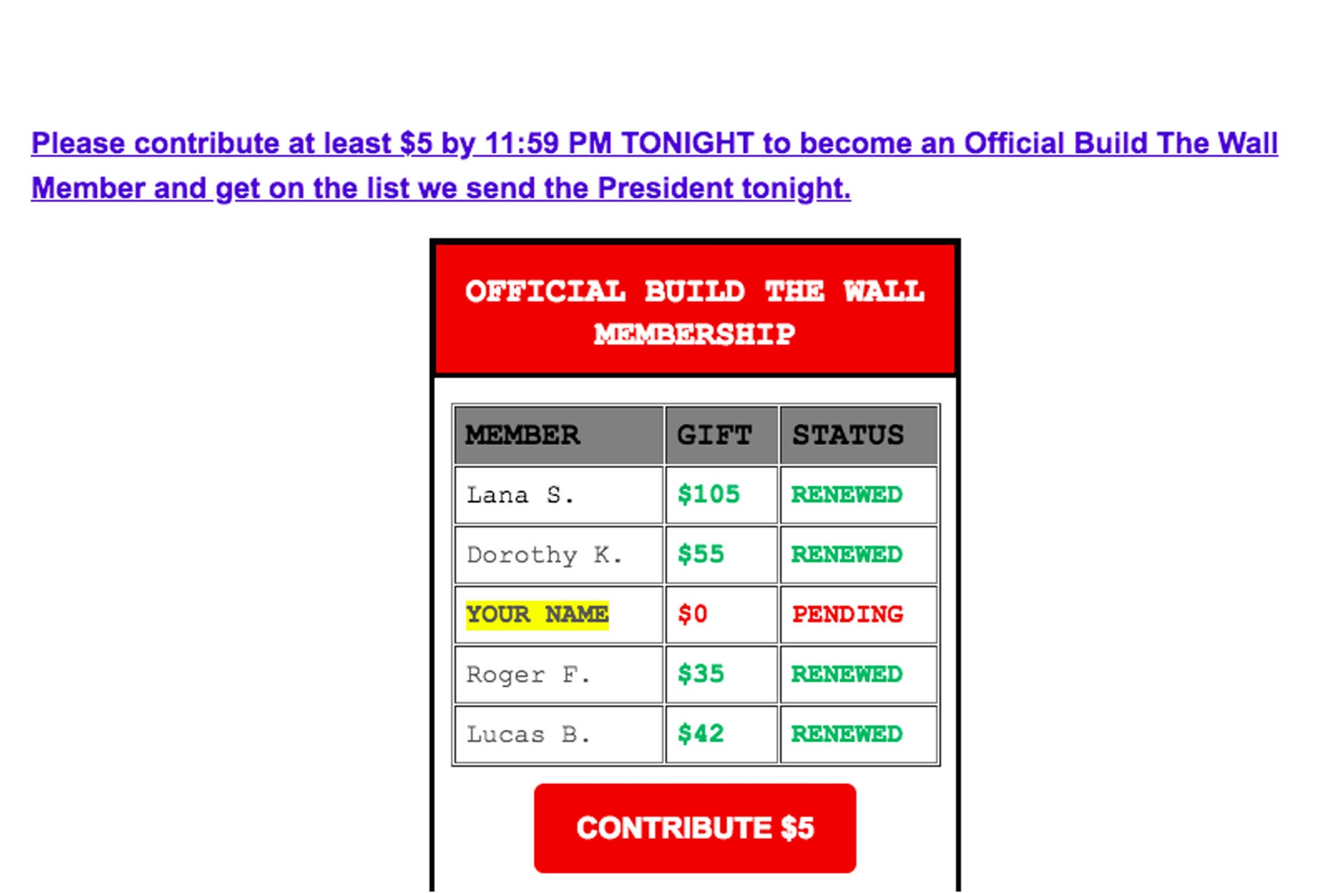 Screengrab of a campaign email: "Please contribute at least $5 by 11:59 PM TONIGHT to become an Official Build The Wall Member and get on the list we send the President tonight."
